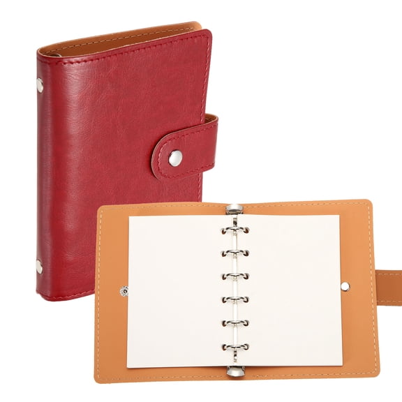 Uxcell 6 Ring Leather Binder Cover, A7 Pocket Travel Notebook Binder with Divider, Red, Mini Refillable Loose Leaf Personal Planner with 60 Sheets Blank Paper for Meeting & Notes
