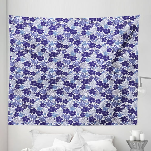 Botanical Tapestry, Monstera Leaves Hibiscus Flowers Palm Tropical Plants Boho Hippie, Fabric Wall Hanging Decor for Bedroom Living Room Dorm, 5 Sizes, Indigo Violet Blue White, by Ambesonne