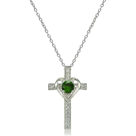 Created Emerald Cross - Sterling Silver Created Emerald & White Topaz Heart in Cross Necklace