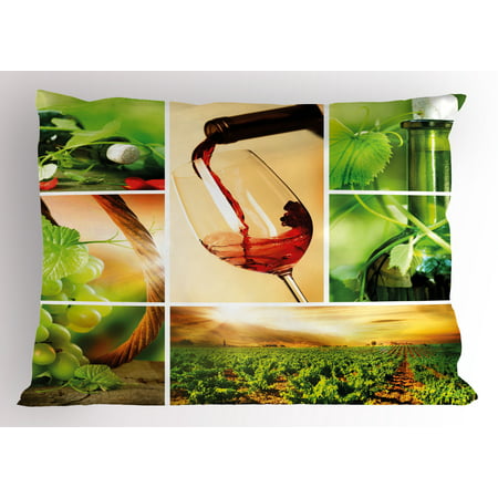 Wine Pillow Sham Wine Tasting and Grapevine Collage Green Fresh Field Pouring Drink Delicious, Decorative Standard Size Printed Pillowcase, 26 X 20 Inches, Green Ruby Caramel, by