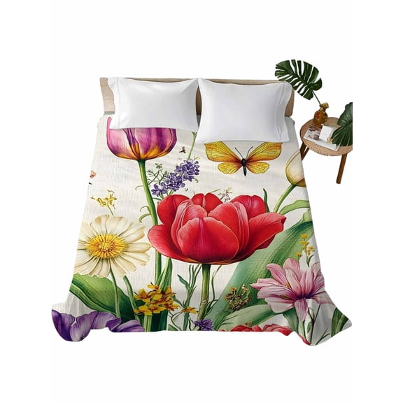 Twin Flat Sheet 66"x96", Spring Floral Soft Lightweight Bedding Flat Sheets Only, Colorful Tulip Butterfly Botanical Elegant Brushed Microfiber Top Bed Sheet, Breathable StainResistant Bedsheets