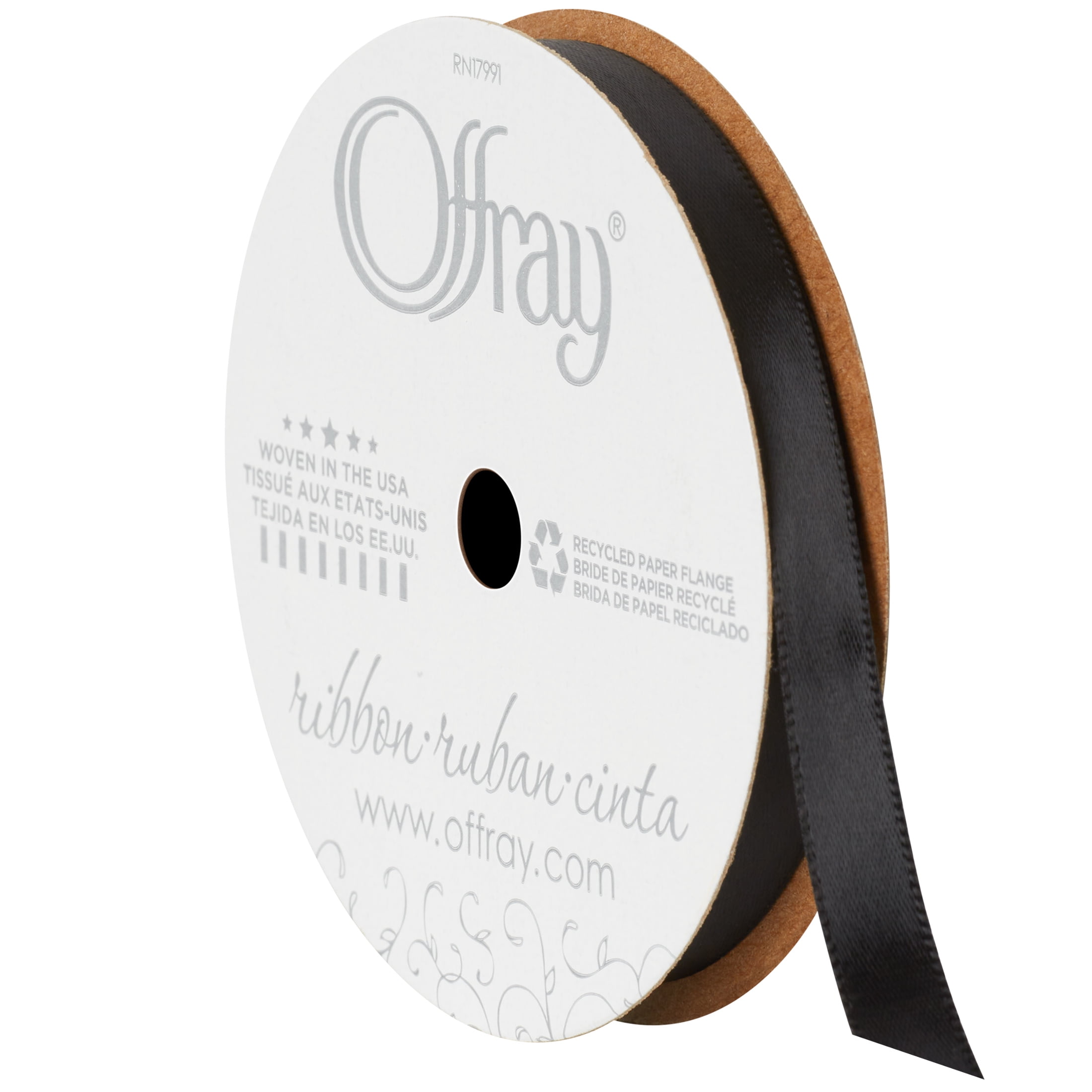 Offray Ribbon, Black 3/8 inch Single Face Satin Polyester Ribbon, 18 feet