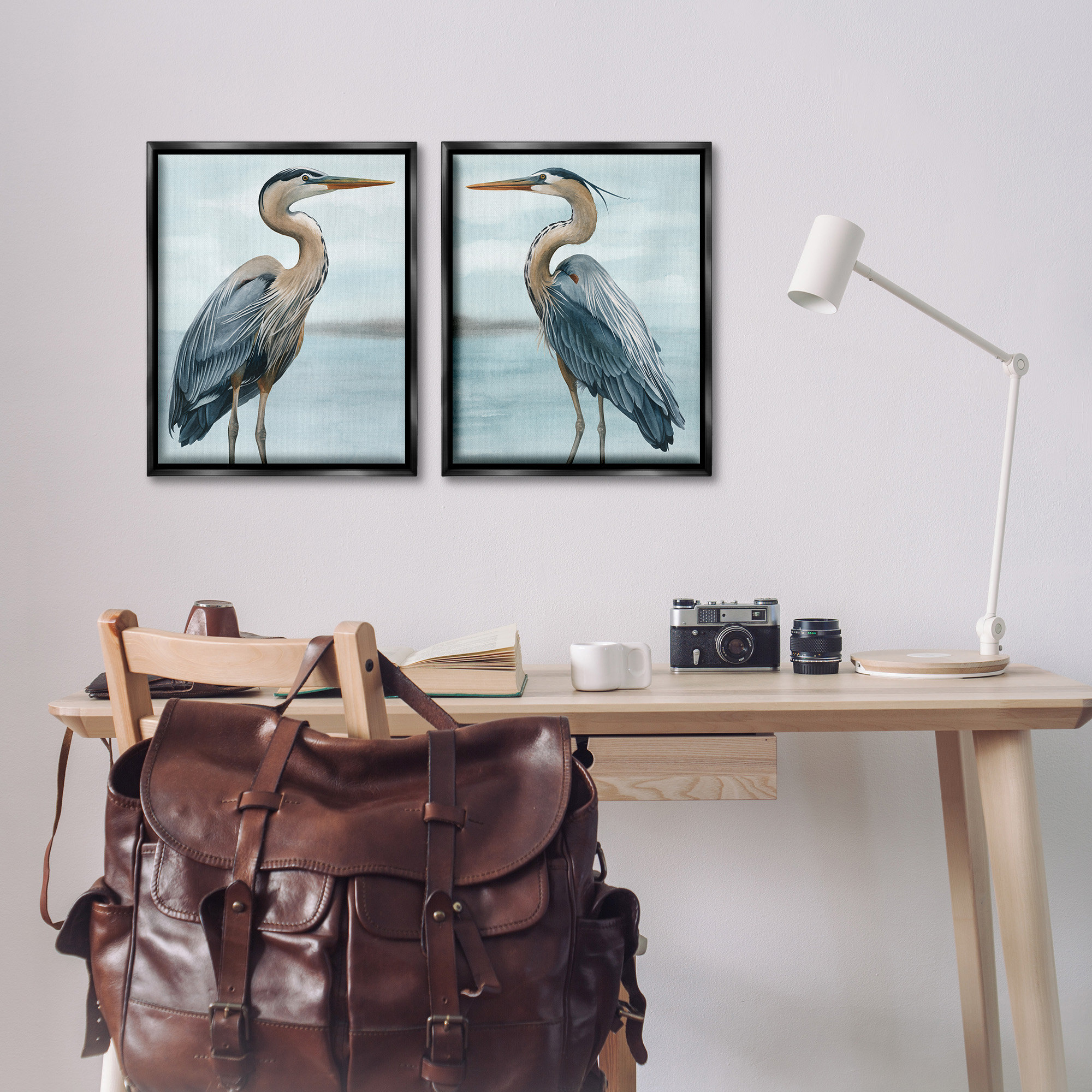 Stupell Industries Detailed Heron Bird Duo Animals & Insects Painting Black Floater Framed Canvas Art Print Wall Art, 17 x 21, Set of 2
