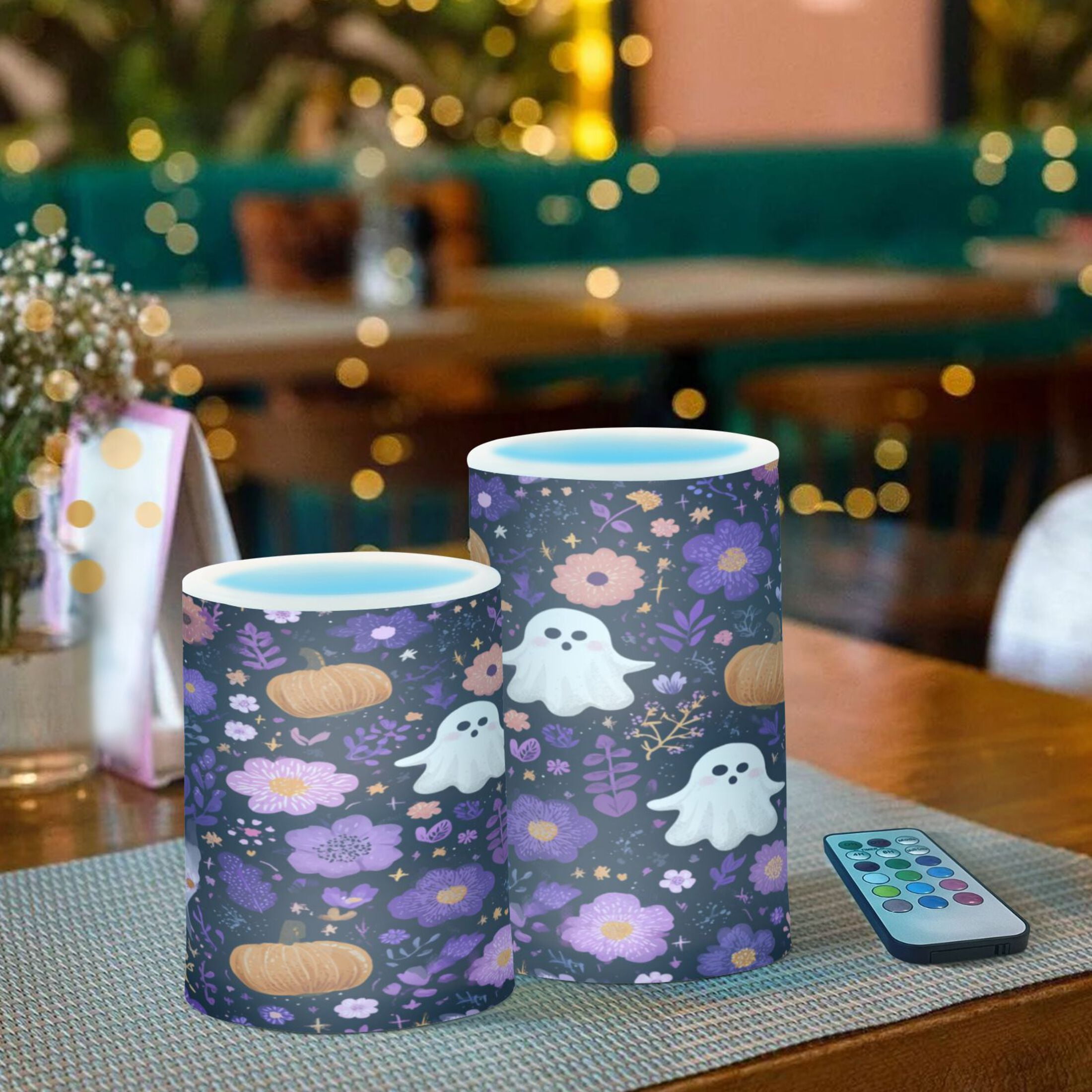 2 PCS Flameless Candles with Remote Timer LED Battery Operated Flickering Candle Light for Wedding Table Home Decoration Gifts Purple Flowers and Pumpkins