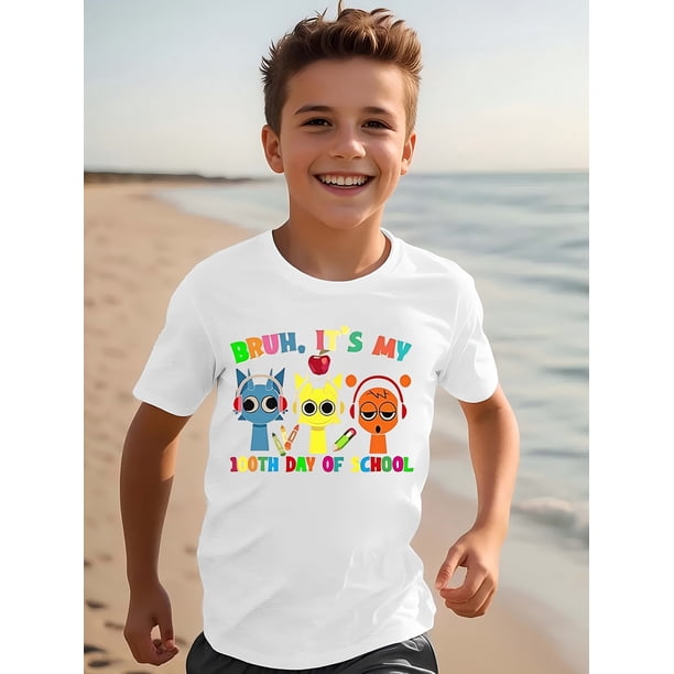 Boys' 1st Day of School T-Shirt - Cute Cartoon Characters with "BRUH, IT'S MY 1ST DAY OF SCHOOL" Print, Short Sleeve Cotton Tee, Casual & Sporty Style, Perfect for Outdoor Activities, S