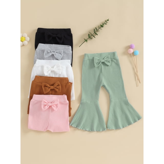 Kmbangi Kids Girl Flare Pants Solid Color Ribbed Elastic Bell Bottoms Trousers Bow Ruffle Pants for Toddler Baby