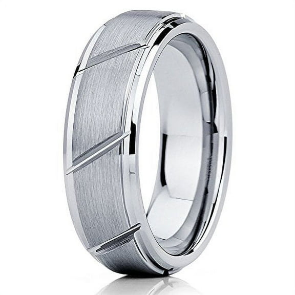 7mm Tungsten Wedding Band Grooved Tungsten Ring Silver Tungsten Carbide Comfort Fit Engagement Band Men Women