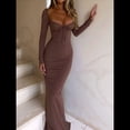 thumbnail image 4 of Vestidos Largos Casuales Básicos Elegantes de Otoño con Cuello Cuadrado y Larga para Mujer Marrón M, 4 of 7