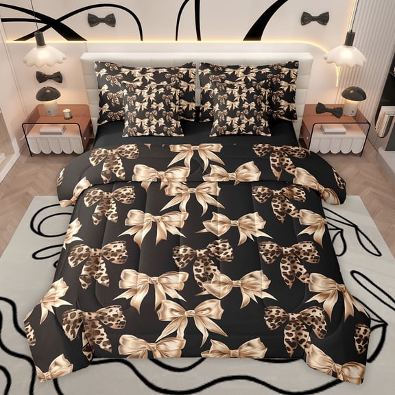 Feelyou Chic Princess Bowknot Bedding Comforter Set 7 Pieces, Fashion Cheetah Leopard Print Full Bedding Set, Ribbon Bow Theme Reversible Fitted Sheet Flat Sheet, Ultra Soft Bedroom Decor
