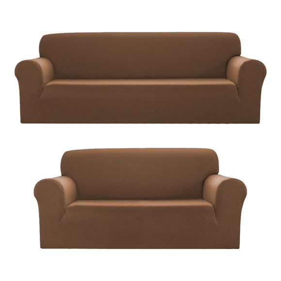 Sapphire Home 2-Piece Sofa and Loveseat Slipcovers, Couch Covers Set, Form fit Stretch, Wrinkle Free, Furniture Protector, Sofa Covers for Living Room, Diamond Pattern Polyester Spandex (Brown)