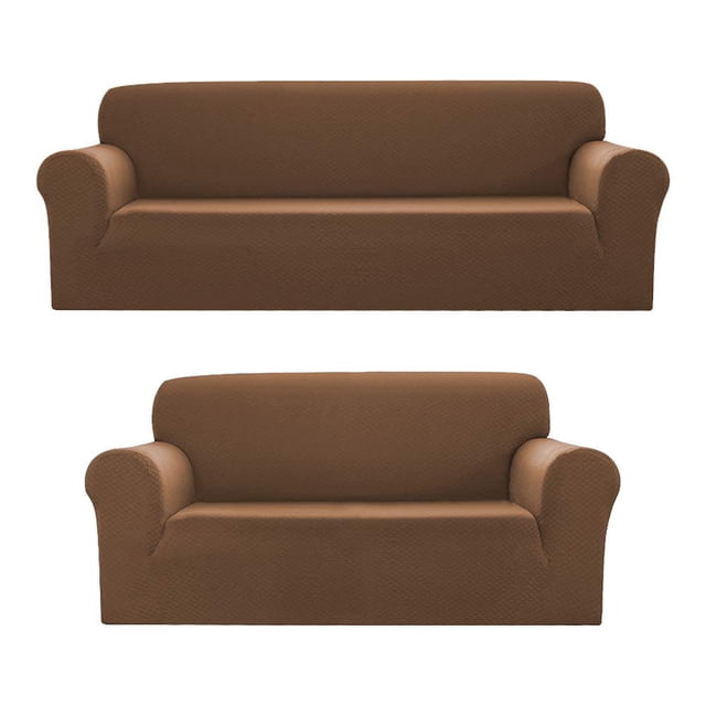 Sapphire Home 2-Piece Sofa and Loveseat Slipcovers, Couch Covers Set, Form fit Stretch, Wrinkle Free, Furniture Protector, Sofa Covers for Living Room, Diamond Pattern Polyester Spandex (Brown)