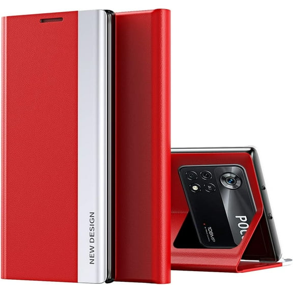 Premium PU Leather Cover for Xiaomi Poco X4 Pro 5G, [Shockproof TPU Interior] Stand Flip Phone Case for Xiaomi Poco X4 Pro 5G      Red