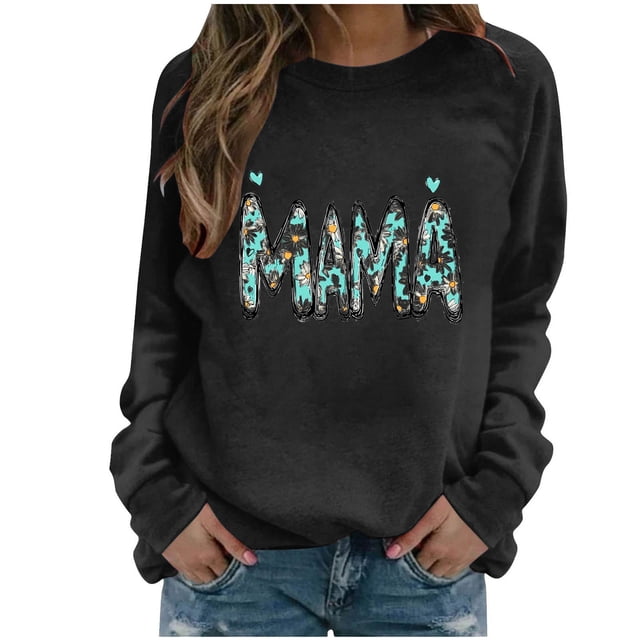 Xuyuer Women Long Sleeve Mama Sweatshirts Oversized Crewneck Pullover Hoodless Casual Knit Graphic Mom Tops