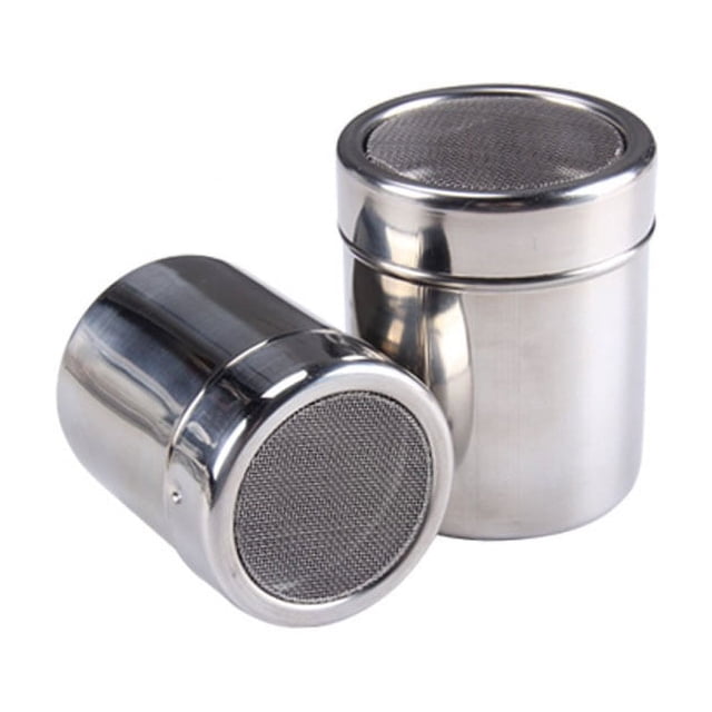 Paquete de 2 cocteleras, dispensador de tamiz, recipiente de acero inoxidable para canela, harina, azúcar en polvo, bicarbonato de sodio, cacao, maicena, etc.
