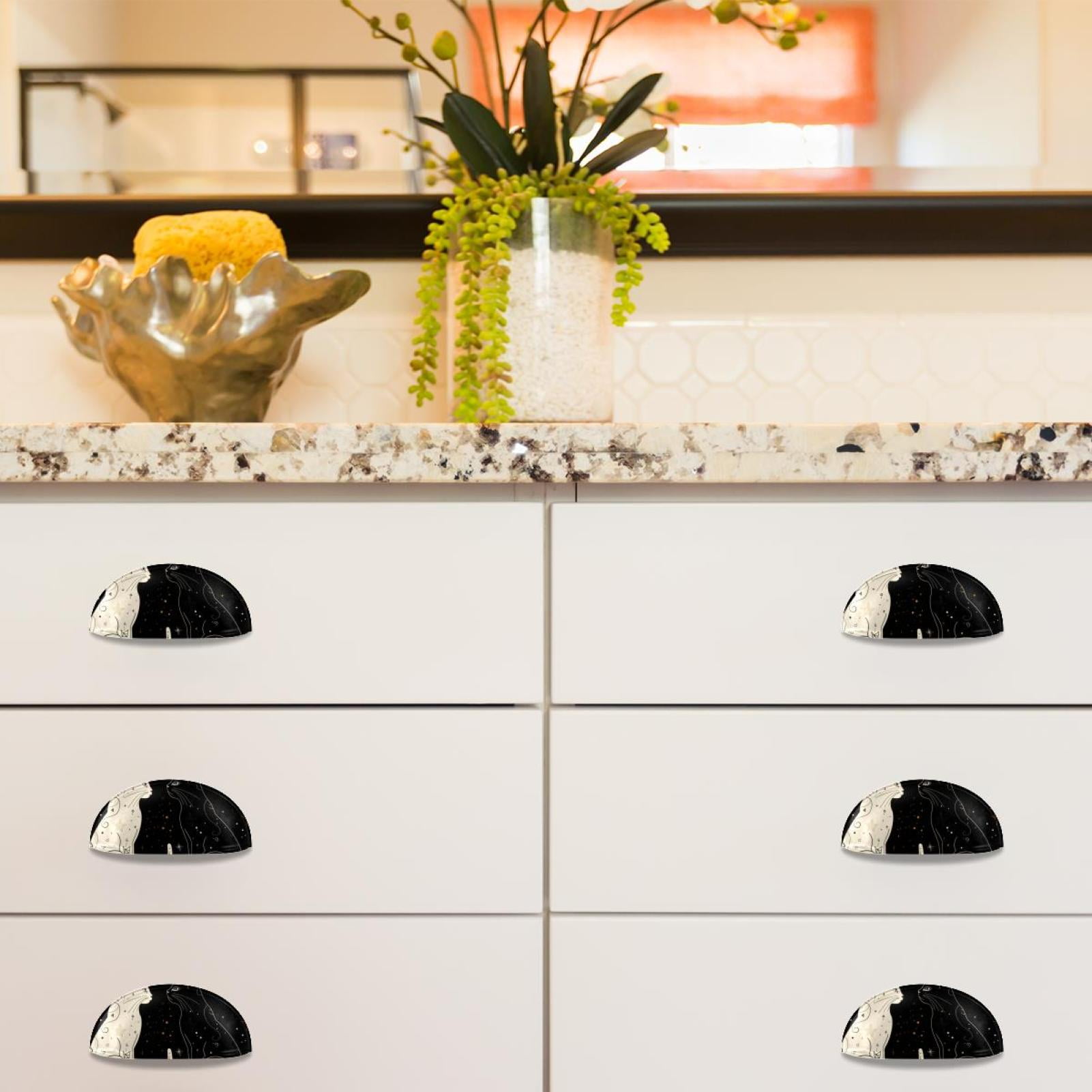 PhooArto 6 Pcs Cup Drawer Pulls, White Black Cat Stars Shell Shape Handles Cabinet Knobs for Dresser Cupboard Closet Wardrobe with Screws