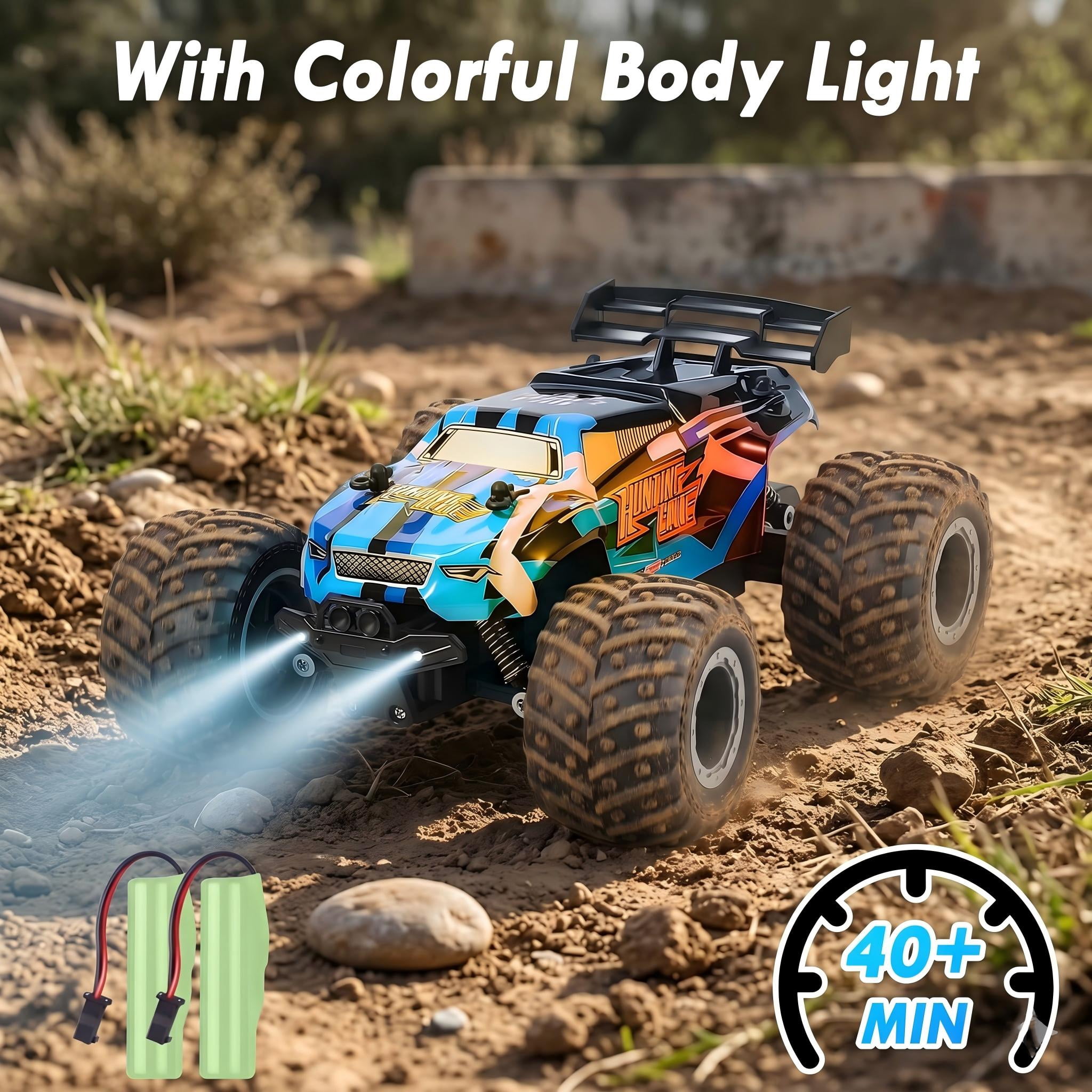 2.4GHz Remote Control Monster Truck, 20KM/H All Terrain Off-Road RC Car with LED Lights, 2 Rechargeable Batteries for Boys
