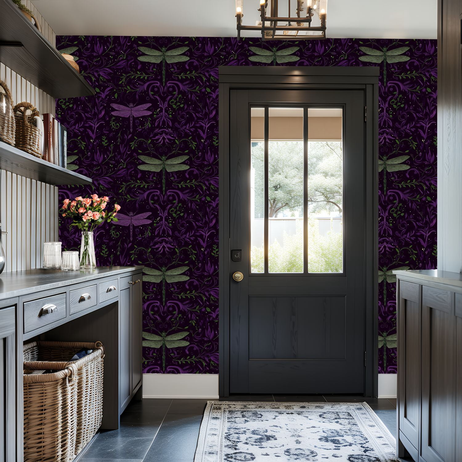 Peel and Stick Wallpaper Whimsical Dragonfly Floral Purple Green Tones Wall Mural 17.7in x 9.8ft Self Adhesive Removable Wall Paper Renter Friendly Wallpaper for Nursery Bedroom Cabinets