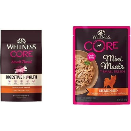Wellness Core Digestive Health Small Breed Dry Dog Food W/Whole Grains  Chicken & Brown Rice  12 Pound Bag + Mini Meals Wet Dog Food Topper  Shredded Chicken & Turkey In Gravy  3 Oz. Pouch (12 Pack)