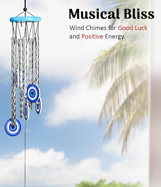 Evil Eye Wind Chime for Home Décor, 27-Inch Turkish Evil Eye Wind Chime with 5 Silver Pipes for Positive Energy, Wall Hanging, Living Room, Balcony & Garden Indoor and Outdoor Use Housewarming Gift