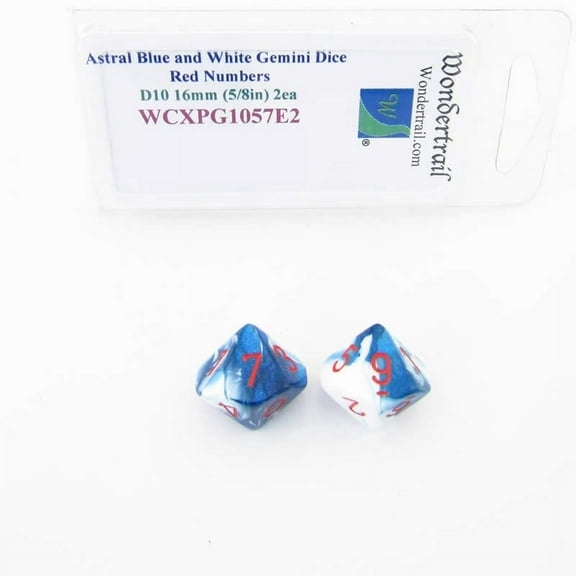 Astral Blue and White Gemini Dice with Red Numbers D10 Aprox 16mm (5/8in) Pack of 2 Wondertrail