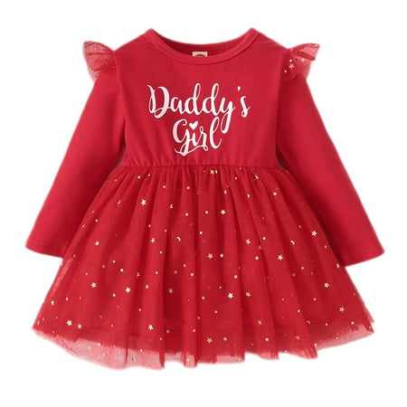 

NZRVAWS Newborn Baby Girls Dress Letter Print Splice Lace Ruffle Sleeve Long Sleeve Round Neck Dress 1PCS Sun Dress 9-12 Months Red