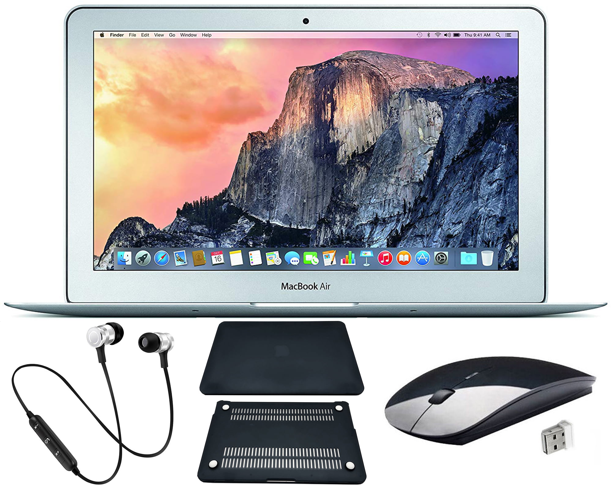 Apple MacBook Air Laptop 11.6 in Display 4GB RAM - 128GB SSD 1.6GHz Bundle: Black Case, Wireless Mouse, Bluetooth Headset, Mac OS (Refurbished)