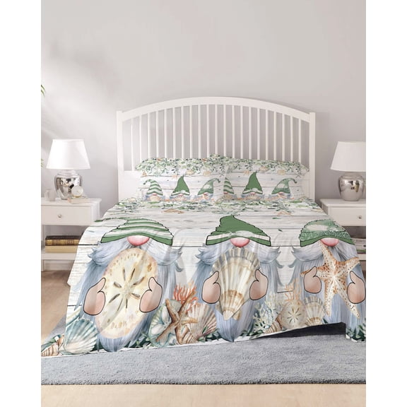 4 Piece Full Sheet Set Coastal Eucalyptus Leaf Sheets Set for Full Size Bed, Breathable Soft Microfiber Bed Sheets Cooling Sage Green Gnomes Starfish Fitted Sheet Deep Pocket, Pillowcases