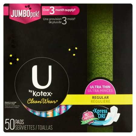 - U by Kotex CleanWear Ultra Thin Pads with Wings, Regular, Unscented (Choose your Count)