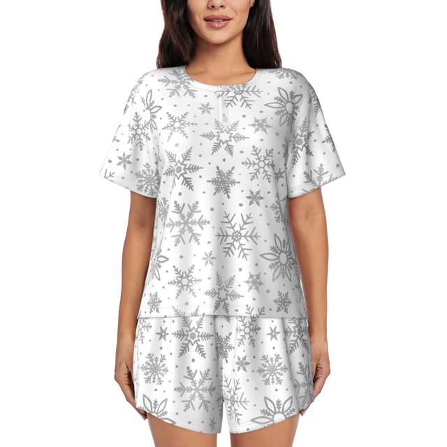 Xecao Snowflake Minimalist Pattern Women's Short Sleeve Pajama Set Soft Sleepwear Lounge Set with Button Front Top and Drawstring Shorts with Pockets-Small