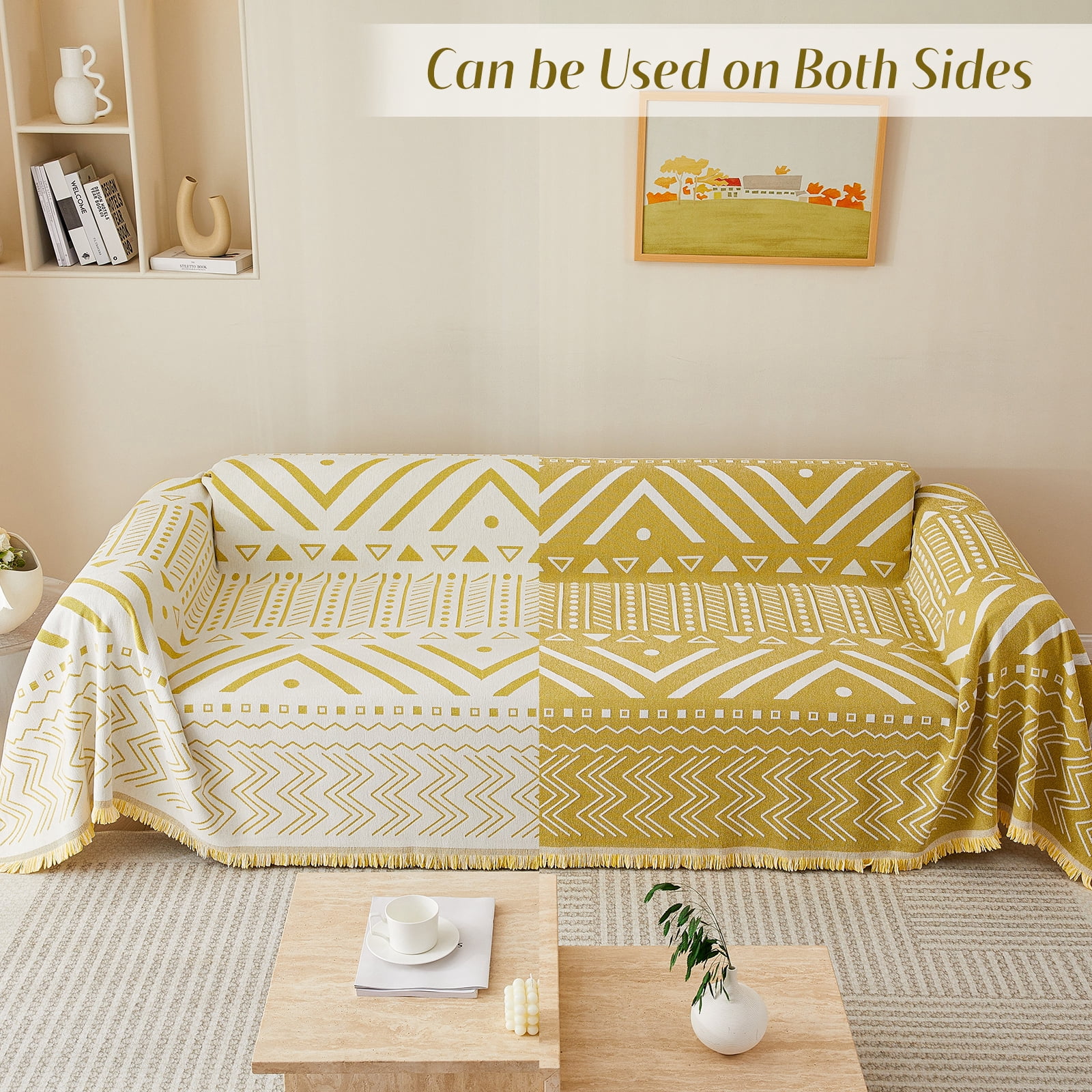 WOOW DEPOT Boho Chenille Sofa Cover Reversible w/ Tassel, Washable Throw Blanket L Shape Slipcover for 2 Cushion Couch, Mustard Yellow & White Geometric, 71"x118"