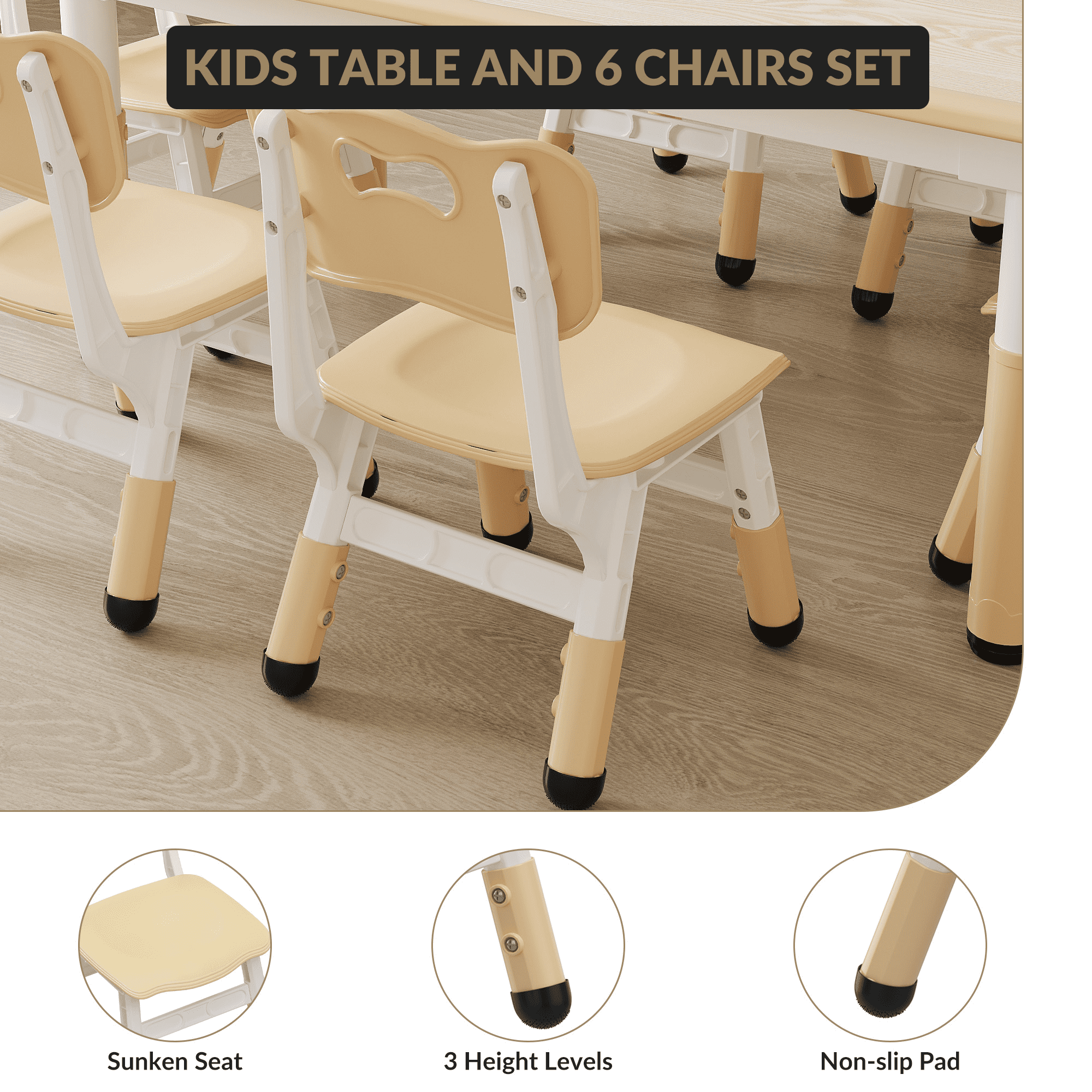 Kids Table and 6 Chair Set with Storage Box, Height Adjustable Toddler Table and Chairs Set for Ages 2-10, Graffiti Desktop, Non-Slip Legs, Children Activity Table for Daycare Classroom Home