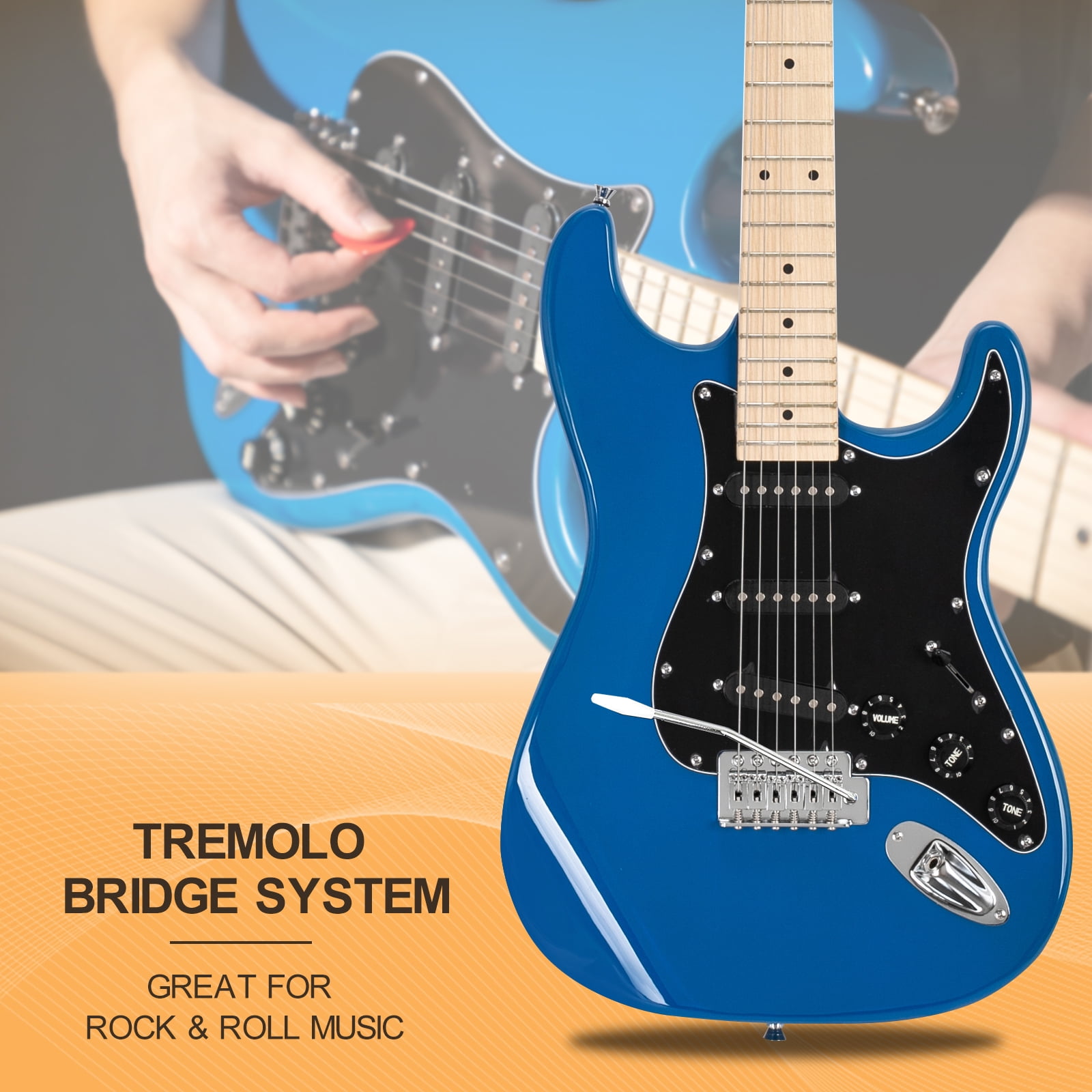 GLARRY Full Size Maple Electric Guitar with Amp and Case Beginner Blue