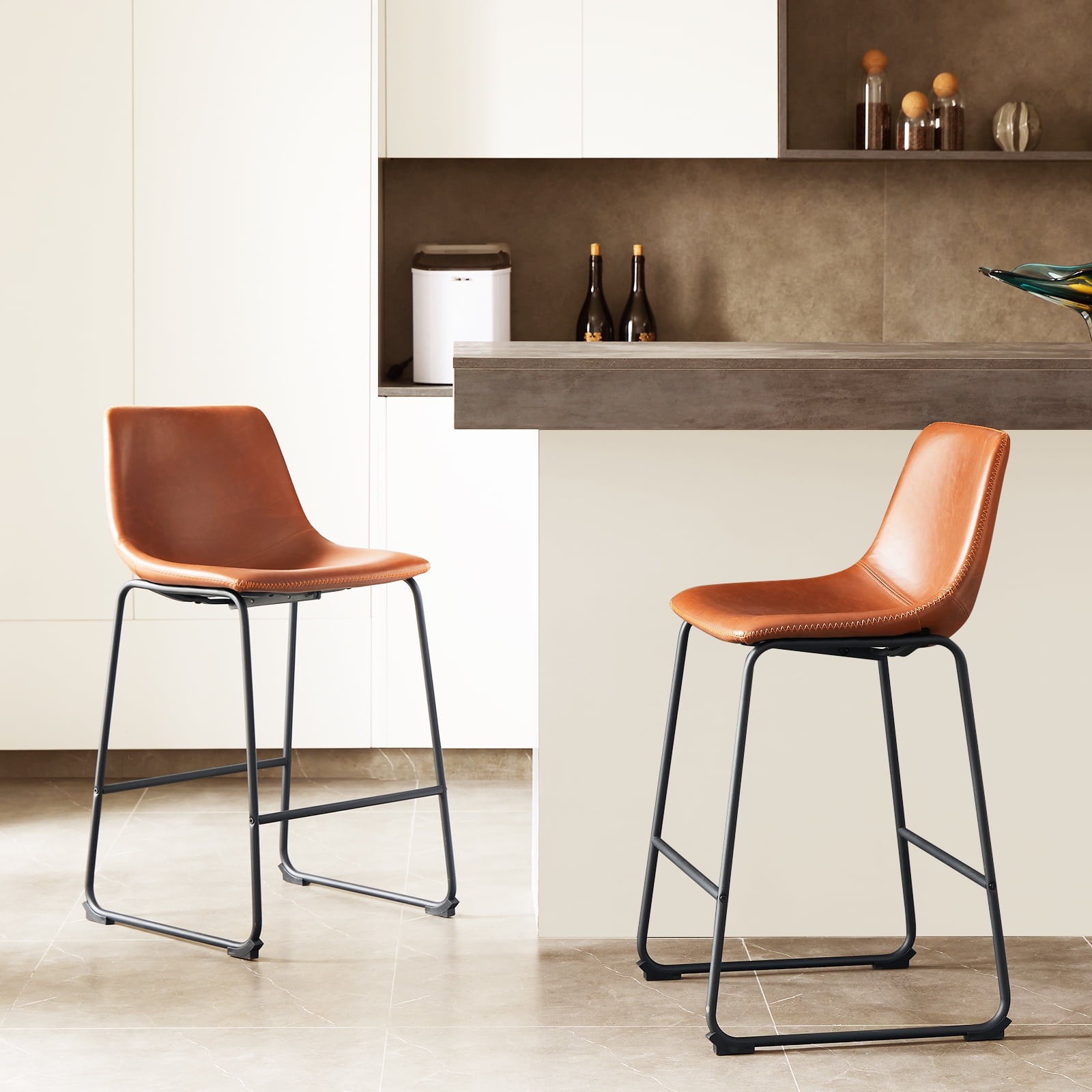 EDX Counter Height Bar Stools Set of 2 With Back and Footrest, Metal Frame, 26 inch, Brown