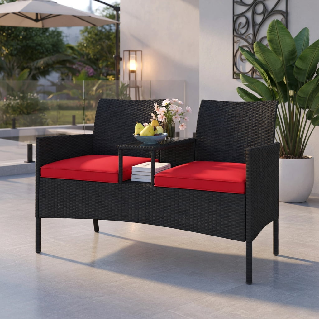 Hommoo Outdoor Wicker Loveseat with Built-in Tempered Glass Tables, Black PE Rattan, Heavy-Duty Metal Frame for Backyard, Porch & Poolside, Red