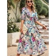 thumbnail image 4 of Womens Summer Dresses 2025 Casual Puff Short Sleeve V Neck Floral Boho Maxi Dress Green S, 4 of 8