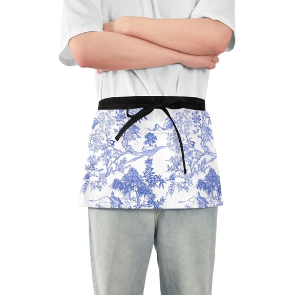 Server Apron with 3 Pockets Waterproof Waitress Waist Short Apron for Man Woman Mountains Trees Flowers Birds 12 Inches