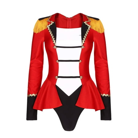 TiaoBug Womens Circus Ringmaster Costume Long Sleeve Bodysuit Tassel Tailcoat Halloween Cosplay Fancy Dress Red XL