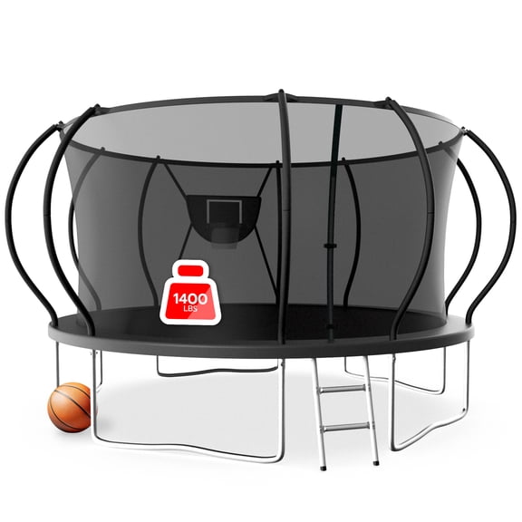 LHX Trampoline for Kids 12FT 14FT 16FT Outdoor Trampolines with Basketball Hoop, Safety Enclosure Net, Ladder, Backyard Recreational Heavy Duty Trampoline for Adult, 1400 LBS Loading, Easy to Install