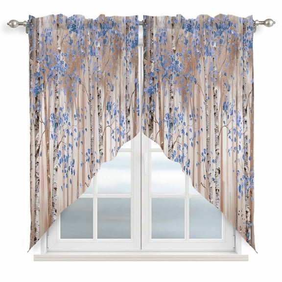 Blue Grey Forest Kitchen Window Curtains, Swag Curtains Valance for Bedroom Living Room Bathroom, Grey Modern Art Oil Painting Rod Pocket Window Treatment Curtain Block Drapes 2 Panels 36"x45"