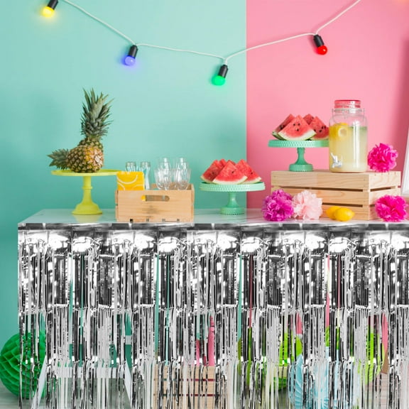 HEANUJJ Silver Foil Fringe Table Skirt for Party Decorations PVC Disposable