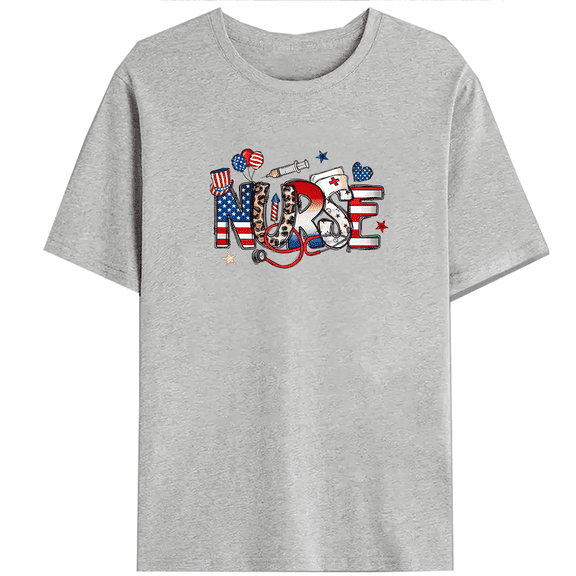 All American Nurse Tshirts 4th of July Nursing Graphic Tees Short Sleeve Casual Registered Nurse Tops Cotton Shirts Gray,3XL