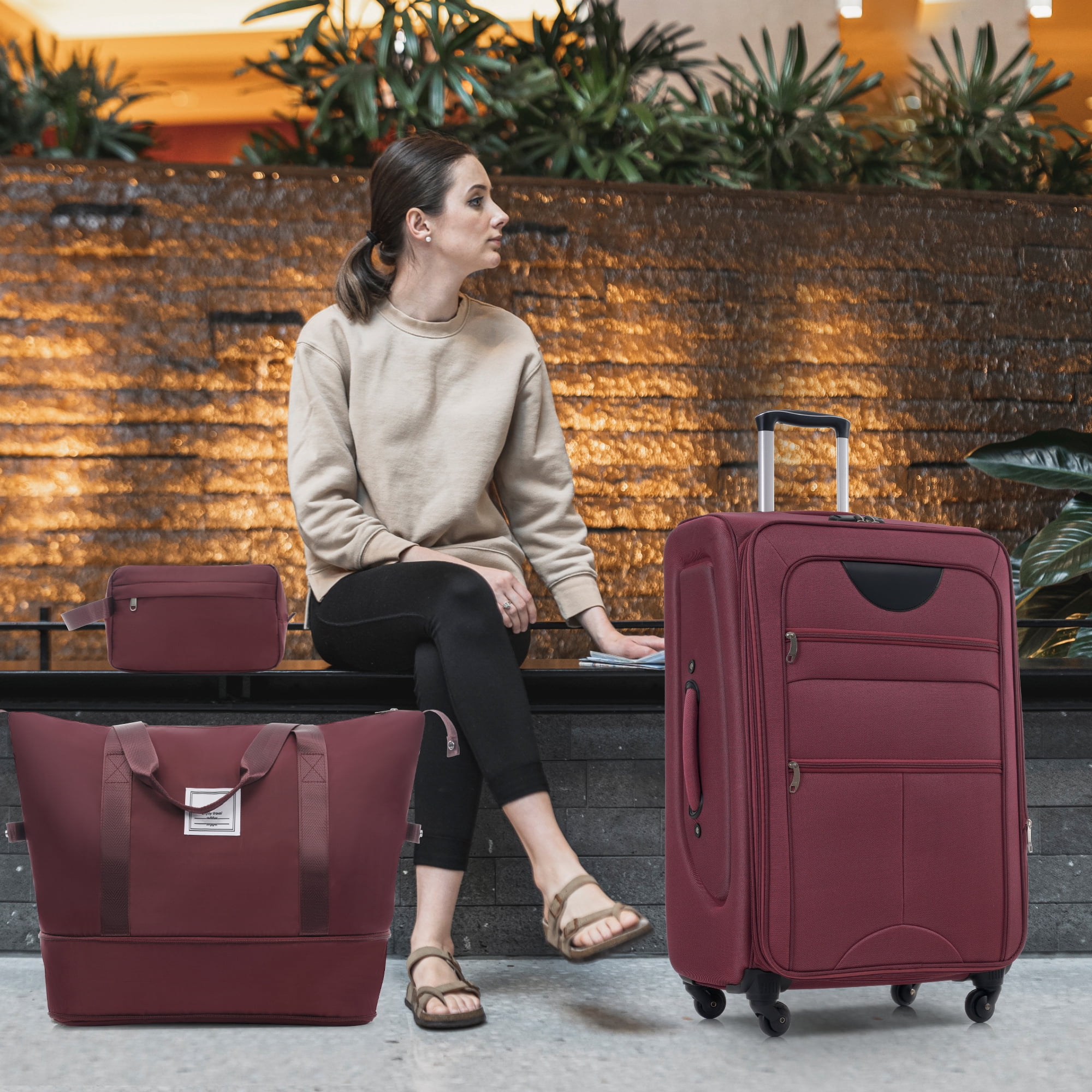 Euroco 5 Piece Softside Luggage Set,Expandable Suitcase Set with Duffel Bag,TSA Lock and Spinner Wheels,Lightweight Travel Suitcase for Men Women,Red