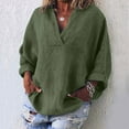 thumbnail image 2 of Womens 100% Cotton Linen Tunic Long Sleeve V Neck Gauze Shirt Casual Work Lounge Blouse Tops Army Green L, 2 of 6