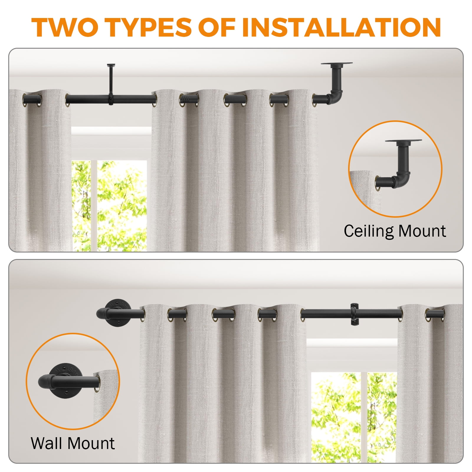 BEAMNOVA Industrial Curtain Rod for Windows, 66" to 120" Adjustable Long Curtain Rod, Black Iron Curtain Rod for Outdoor/Indoor, Wall Mounted or Ceiling (1 Pack)