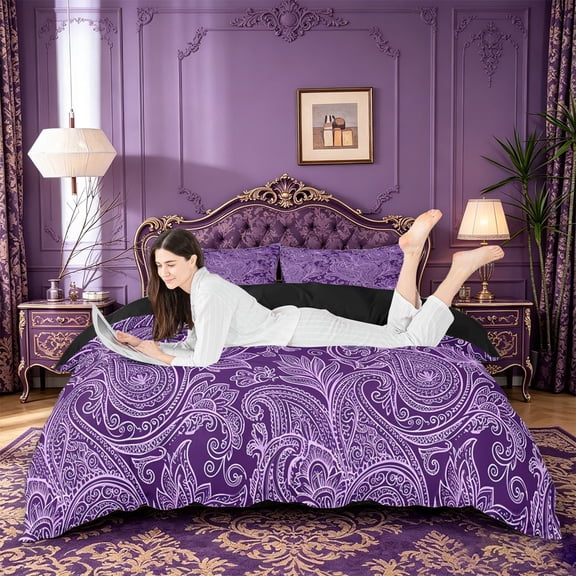 jejeloiu Rustic Paisley Duvet Cover King For Men Women,Lotus Print King Bedding,Purple Lilac,Black Reversible,3-Piece,1 Duvet Cover and 2 Pillowcases