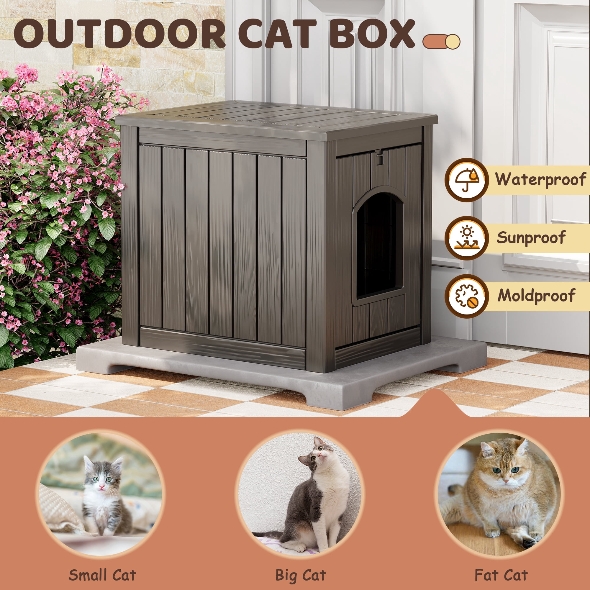 Bifanuo Outdoor Cat House, Weatherproof Insulated Shelter for Feral Cats & Kittens, Durable PP Pet House for Garden & Patio (Gray)