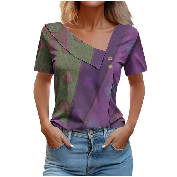 Tops de Algodón para Mujeres Cuello en V Casual de Manga Corta, Imitación Algodón Primavera Y Blusa de Verano