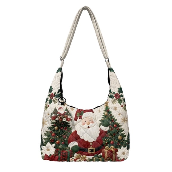Whosucclay Christmas Santa Print Women's Quilted Hobo Tote Bag, Durable Polyester Soft Padded Shoulder Purse with Zipper Closure and Interior Pockets for Work, Holiday Outings