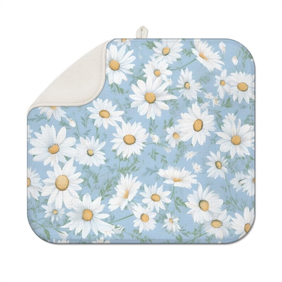 Summer Daisy Floral Dish Rack Mat for Kitchen Counter Dish Dryer Pad Microfiber Absorbent Foldable Drainer Mat Spring Decor 16x18 Inch
