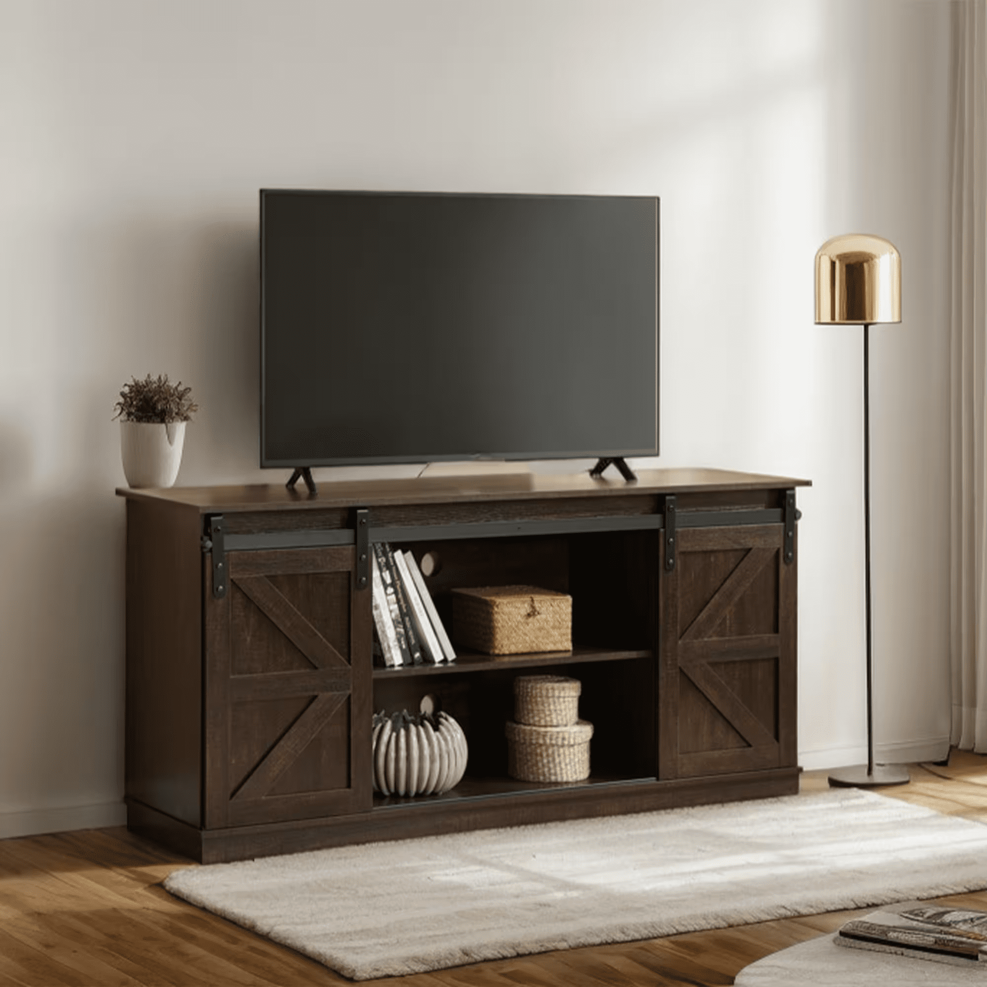 MAYEERTY 58" Farmhouse TV Stand with Sliding Barn Doors, Storage Cabinets for TVs Up to 65", Brown